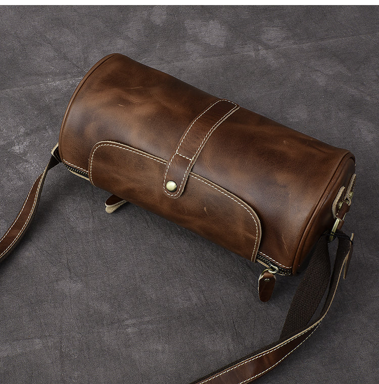 Leather Mens Vintage Brown Side Bag Barrel Messenger Bag Small Bucket Bag For Men