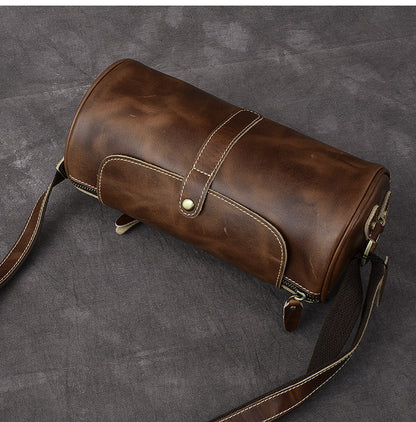 Leather Mens Vintage Brown Side Bag Barrel Messenger Bag Small Bucket Bag For Men