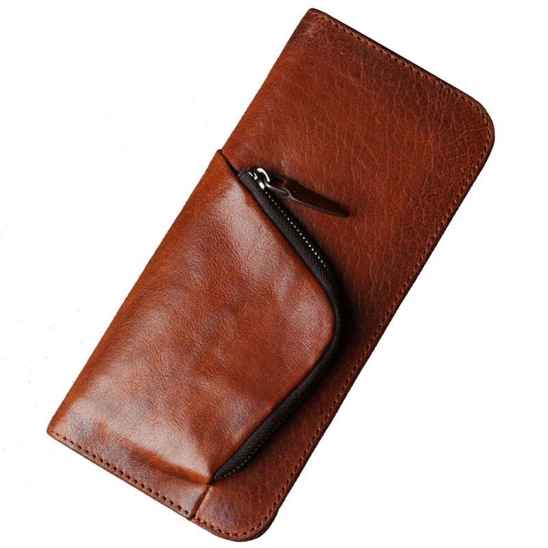 Genuine Leather Mens Cool Long Leather Wallet Cards Phone Zipper Clutch Wristlet Wallet for Men