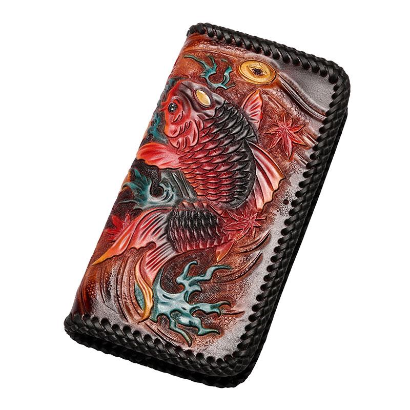 Handmade Leather Mens Clutch Wallet Cool Carp Tooled Wallet Long Zipper Wallets for Men