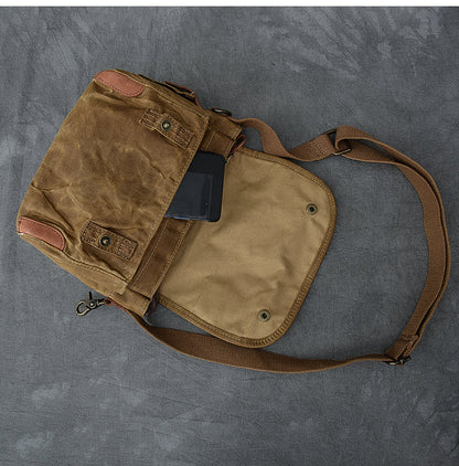 Waxed Canvas Leather Mens Gray Vintage Side Bag Khaki Messenger Bag Small Shoulder Bag For Men