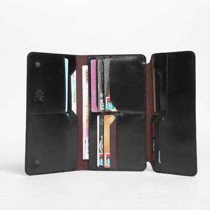 Casual Leather Men's Black Trifold Long Wallet Passport Wallet For Men