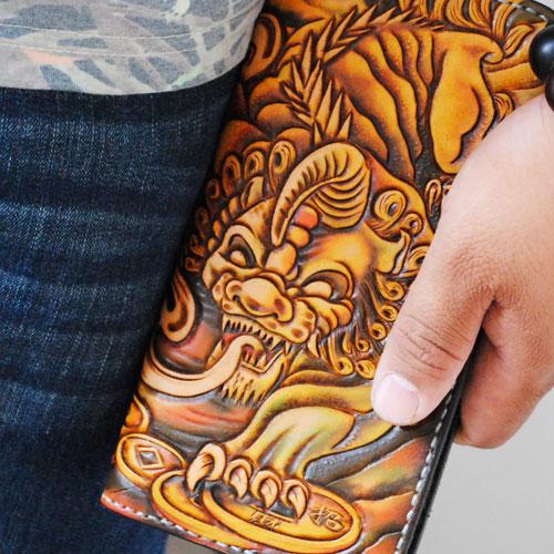 Handmade Tooled Brave Troops Leather Mens Cool Long Leather Wallet Zipper Clutch Wallet for Men