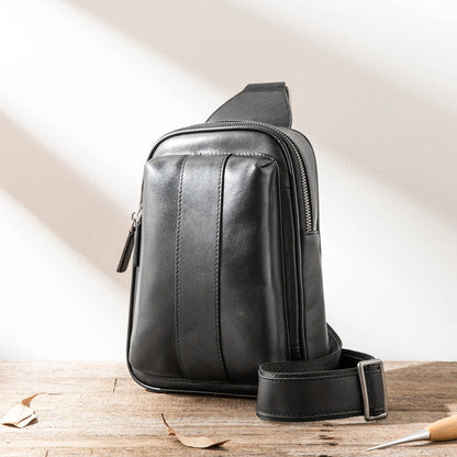 Casual Black Leather Mens Sling Bag Black Sling Pack One Shoulder Backpack for Men