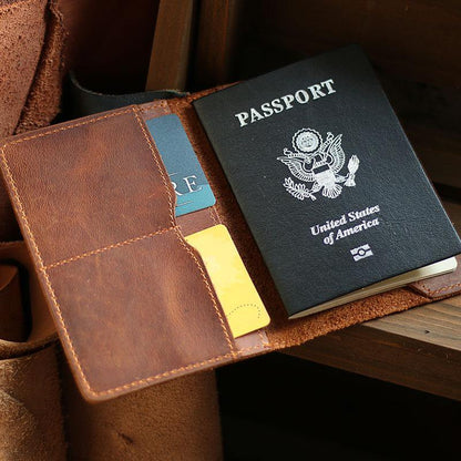 Casual Brown Handmade Leather Mens Bifold Passport Holder Travel Wallet Holder For Men