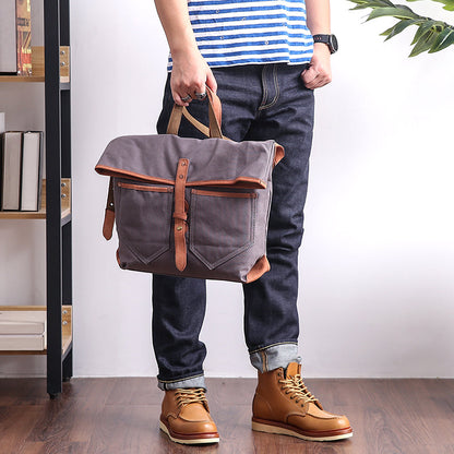 Canvas Leather Mens 13'' Khaki Side Bag Courier Bag Messenger Bag Black Shoulder Bag for Men