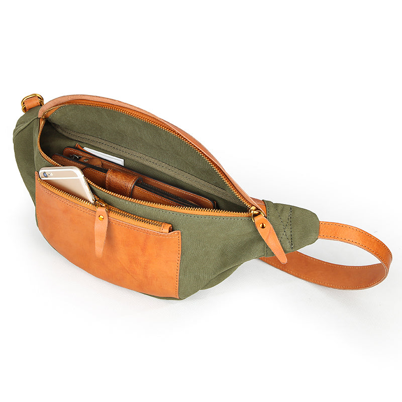 Canvas Leather Mens Caramel Waist Bag Army Green Fanny Pack Hip pack Chest Bag For Men