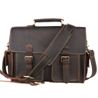 Vintage Dark Brown Leather Mens 14 inches Briefcase Work Shoulder Briefcase Handbags For Men