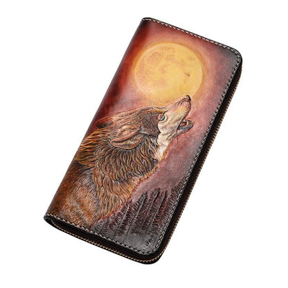 Handmade Leather Mens Clutch Wallet Cool Wolf Tooled Wallet Long Zipper Wallets for Men