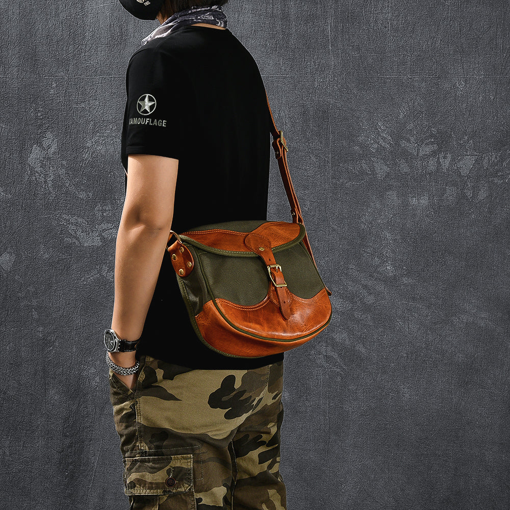 Canvas Leather Mens Womens Army Green Saddle Side Bag Messenger Bag Small Shoulder Bag For Men