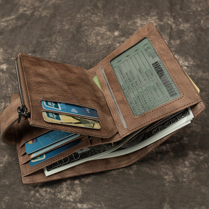 Cool Leather Brown Men's Zipper billfold Small Wallet Bifold Wallet Multi-Card Wallet For Men