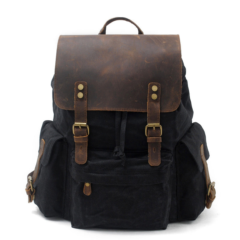 Cool Canvas Leather Mens 15'' Black Computer Backpack Green Hiking Backpack Travel Backpack for Men