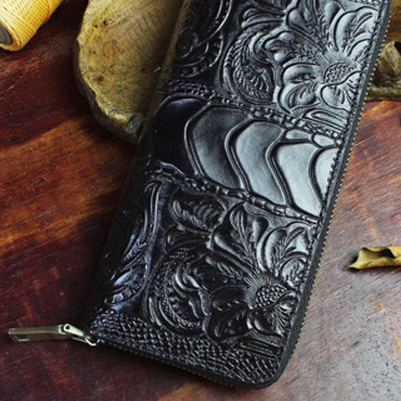 Handmade Leather Floral Mens Cool Zipper Phone Travel Long Wallet Card Holder Card Slim Clutch Wallets for Men