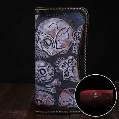 Handmade Leather Men Tooled Skull Halley Cool Leather Wallet Long Phone Wallets for Men