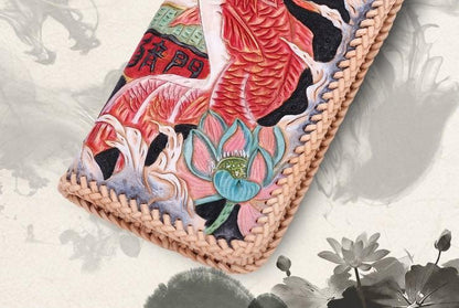 Handmade Leather Mens Clutch Wallet Cool Carp Tooled Wallet Long Zipper Wallets for Men