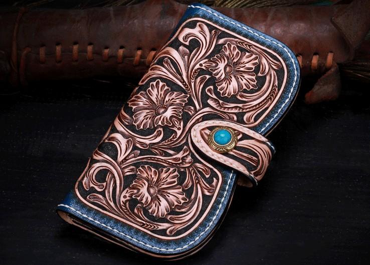 Handmade Leather Tooled Floral Mens Clutch Wallet Cool Wallet Long Wallets for Men Women