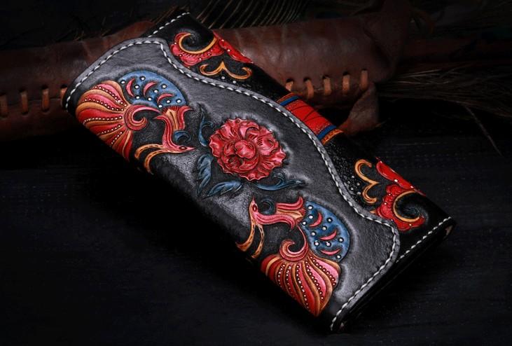 Handmade Leather Mens Womens Tooled Phoenix Clutch Wallet Cool Wallet Long Wallets for Men Women