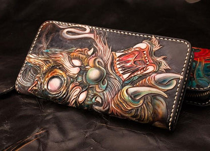 Handmade Leather Mens Clutch Wallet Cool Chinese Dragon Tooled Wallet Long Zipper Wallets for Men