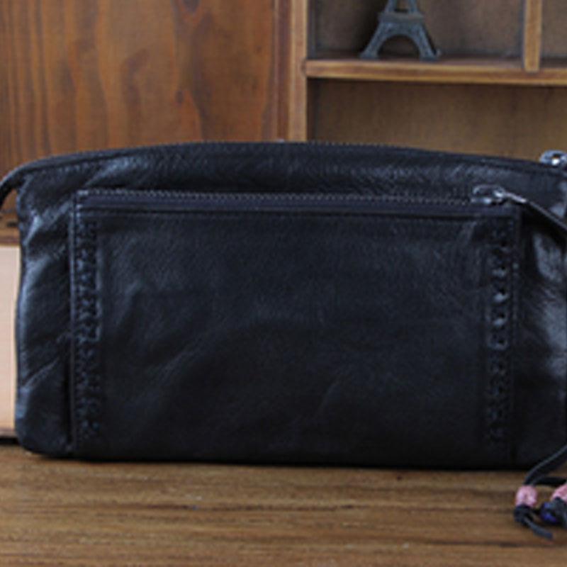 Handmade Genuine Leather Mens Cool Long Leather Wallet Zipper Clutch Wristlet Wallet for Men