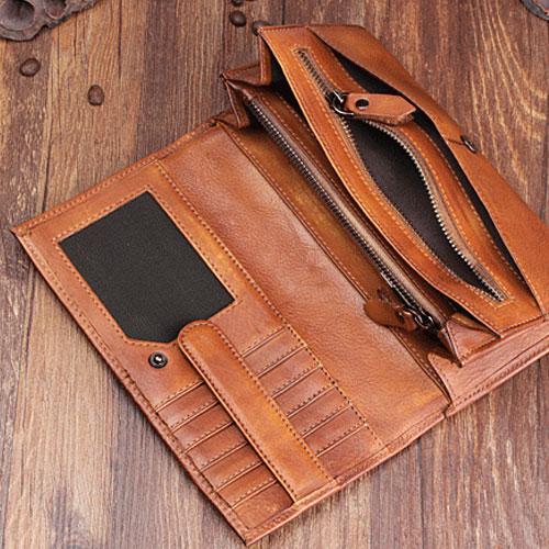 Handmade Leather Mens Cool Long Leather Wallet Bifold Clutch Wallet for Men