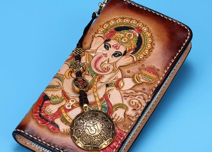 Handmade Leather Mens Clutch Wallet Cool Ganesha Tooled Wallet Long Zipper Wallets for Men