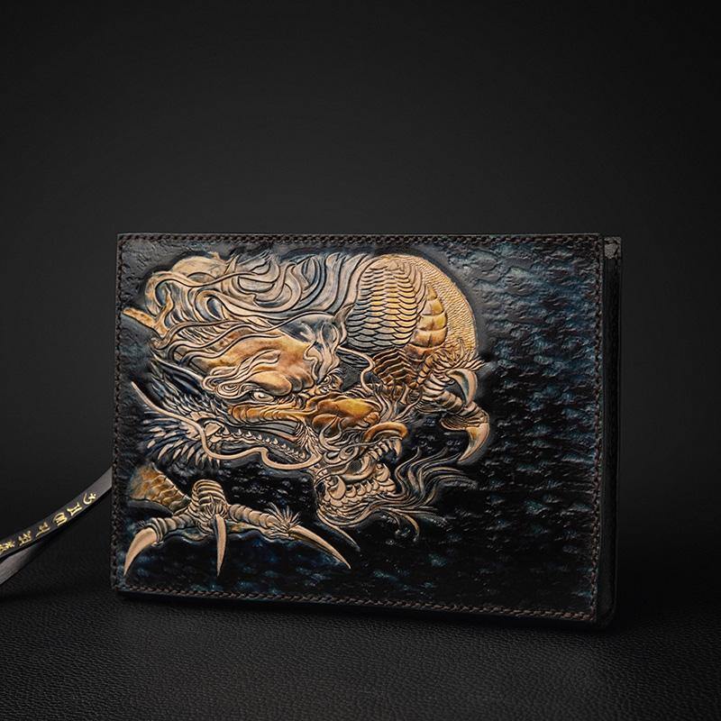 Black Handmade Tooled Leather Mah¨¡k¨¡la Clutch Wallet Wristlet Bag Clutch Purse For Men