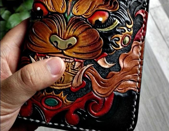 Handmade Leather Mens Clutch Wallet Tooled Cool Monster Wallet Long Zipper Wallets for Men