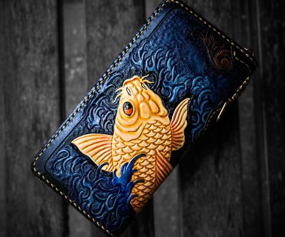 Handmade Leather Men Tooled Carp Cool Leather Wallet Long Phone Wallets for Men