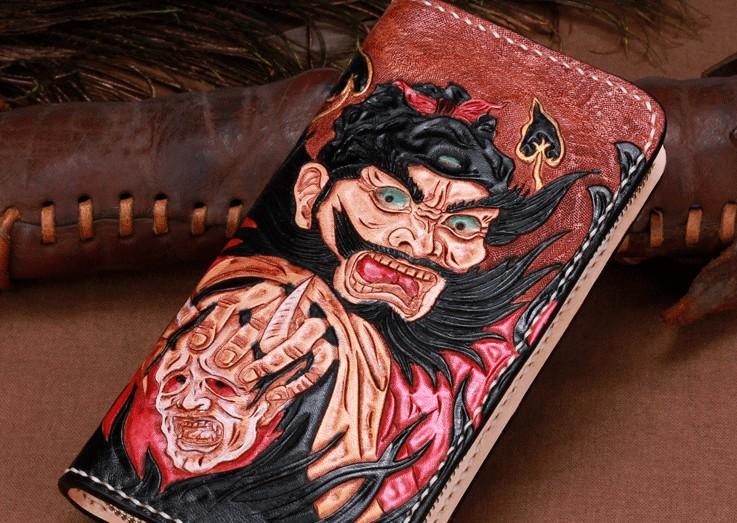 Handmade Leather Mens Clutch Wallet Cool Zhong Kui Tooled Wallet Long Zipper Wallets for Men