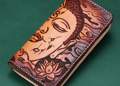 Handmade Leather Mens Clutch Wallet Cool Buddha&Demon Tooled Wallet Long Zipper Wallets for Men