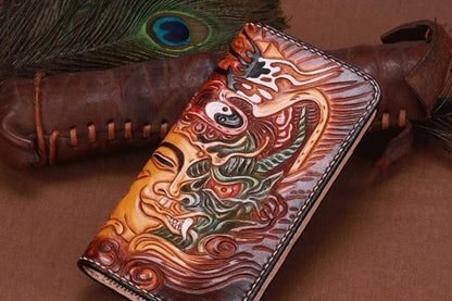 Handmade Leather Mens Clutch Wallet Cool Buddha&Demon Tooled Wallet Long Zipper Wallets for Men