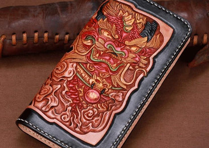 Handmade Leather Mens Clutch Wallet Cool Kylin Tooled Wallet Long Zipper Wallets for Men