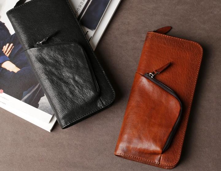 Genuine Leather Mens Cool Long Leather Wallet Cards Phone Zipper Clutch Wristlet Wallet for Men