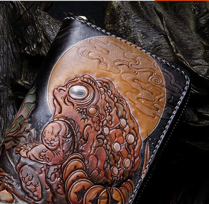 Handmade Leather Mens Clutch Wallet Cool Gold Toad Triped Crow Tooled Wallet Long Zipper Wallets for Men