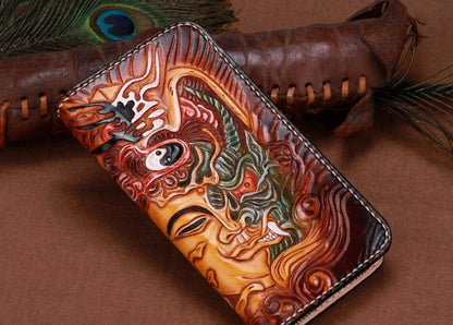 Handmade Leather Mens Clutch Wallet Cool Buddha&Demon Tooled Wallet Long Zipper Wallets for Men