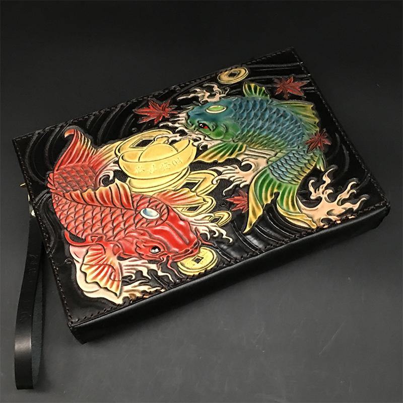 Black Handmade Tooled Leather Lion Chinese Dragon Clutch Wallet Wristlet Bag Clutch Purse For Men