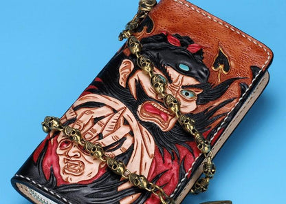 Handmade Leather Mens Clutch Wallet Cool Zhong Kui Tooled Wallet Long Zipper Wallets for Men