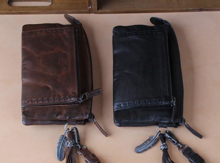 Handmade Genuine Leather Mens Cool Long Leather Wallet Zipper Clutch Wristlet Wallet for Men