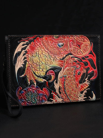 Black Handmade Tooled Leather Carp Chinese Dragon Clutch Wallet Wristlet Bag Clutch Purse For Men