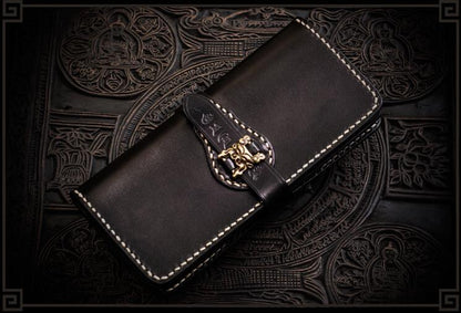 Handmade Leather Men Tooled Chinese Lion Cool Leather Wallet Long Phone Wallets for Men