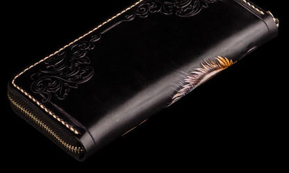 Handmade Leather Men Tooled Tiger Cool Leather Wallet Long Phone Clutch Wallets for Men