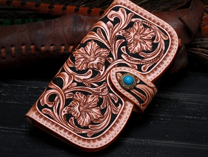 Handmade Leather Tooled Floral Mens Clutch Wallet Cool Wallet Long Wallets for Men Women