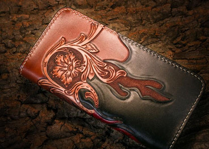 Handmade Leather Mens Clutch Wallet Tooled Cool Zhong Kui Wallet Long Zipper Wallets for Men