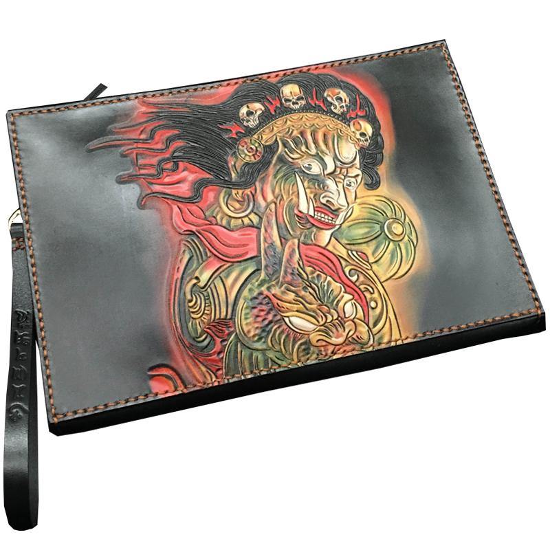 Black Handmade Tooled Leather Chinese Dragon Clutch Wallets Wristlet Bag Clutch Purse For Men