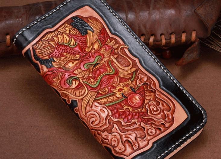 Handmade Leather Mens Clutch Wallet Cool Kylin Tooled Wallet Long Zipper Wallets for Men