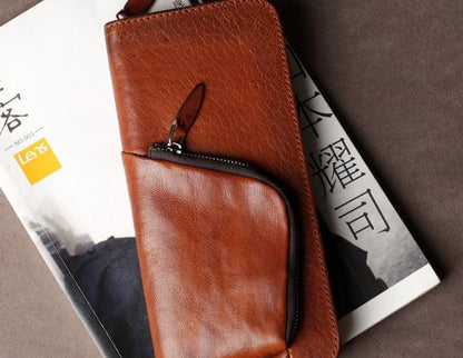 Genuine Leather Mens Cool Long Leather Wallet Cards Phone Zipper Clutch Wristlet Wallet for Men