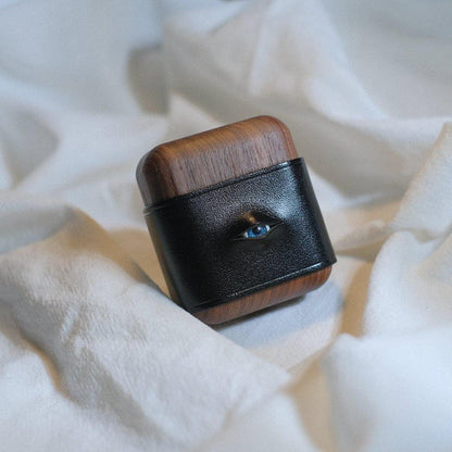 Handmade Coffee Leather Wood AirPods 1,2 Case with Eye Custom Leather AirPods 1,2 Case Airpod Case Cover