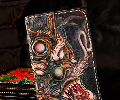 Handmade Leather Mens Clutch Wallet Cool Chinese Dragon Tooled Wallet Long Zipper Wallets for Men