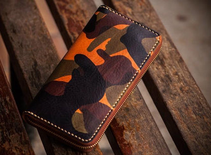 Handmade Leather Men Camouflage Cool Leather Wallet Long Phone Clutch Wallets for Men