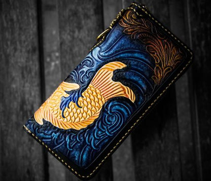 Handmade Leather Men Tooled Carp Cool Leather Wallet Long Phone Wallets for Men